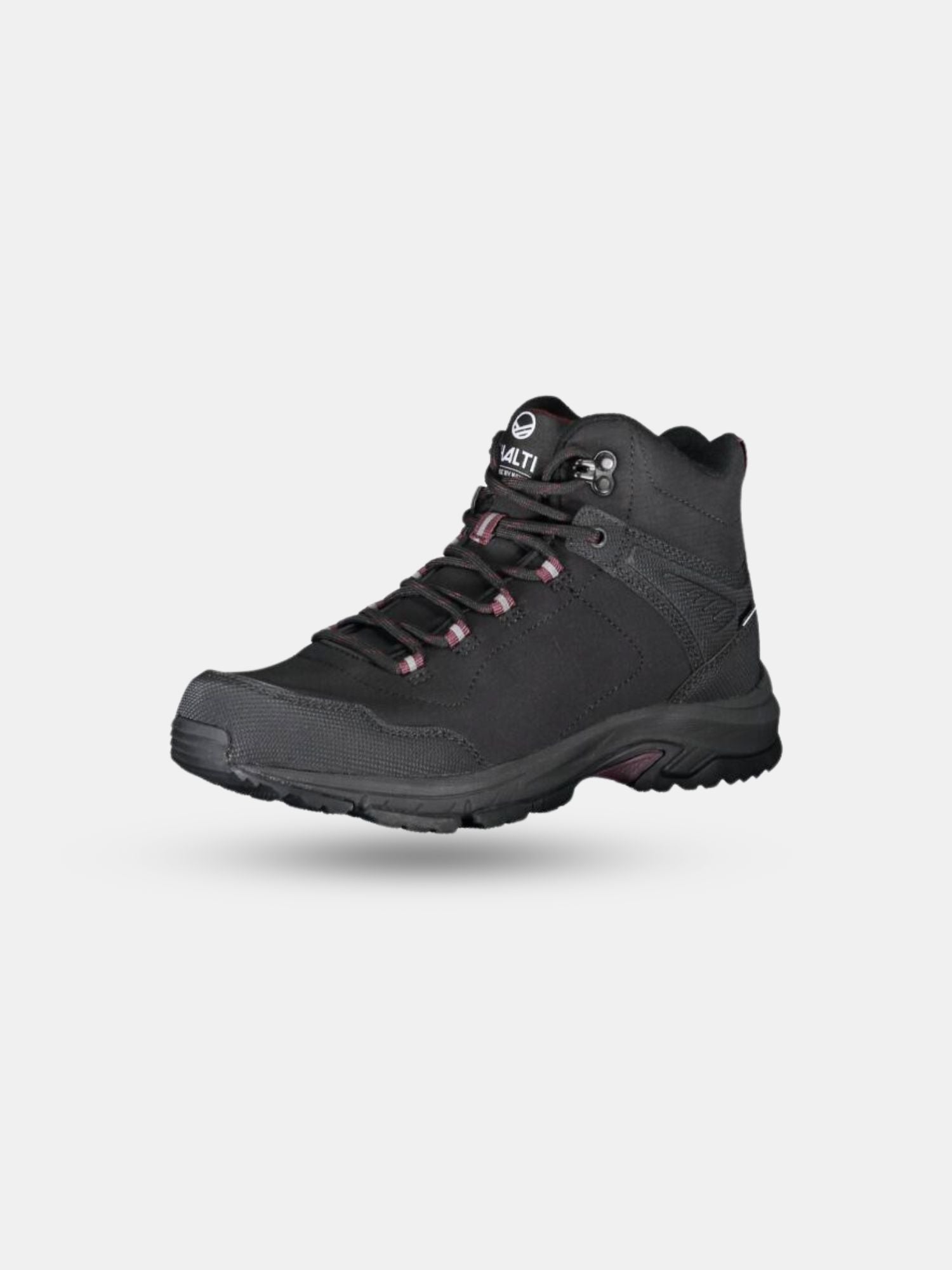 Halti Outdoorskor Mid DrymaxX Dam svart vandringskänga med rosa snören, GripmaxX halkfri sula och fotledsstöd.