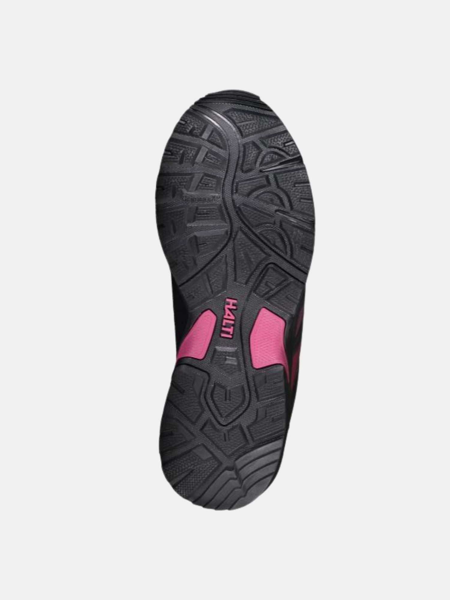 Halti Outdoorskor Mid DrymaxX Dam: svart yttersula med GripmaxX-grepp, rosa KALENJI-text och detaljer i återvunnet softshellmaterial.