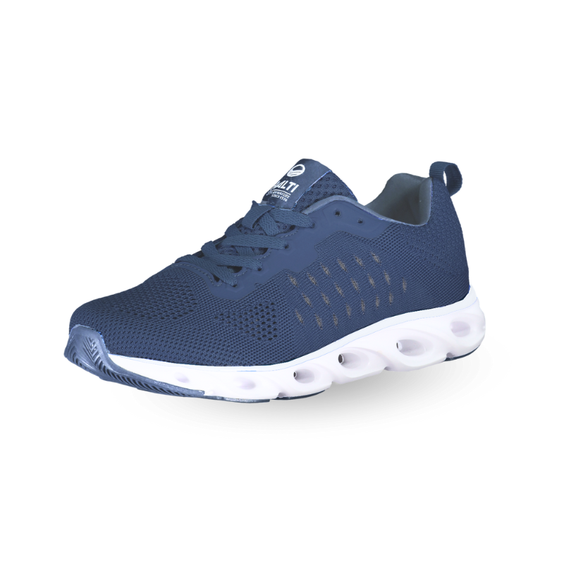 Halti Samos Dam Sneaker Aquatech har en marinblå mesh-ovandel och en vit, dämpad sula mot en slät bakgrund.