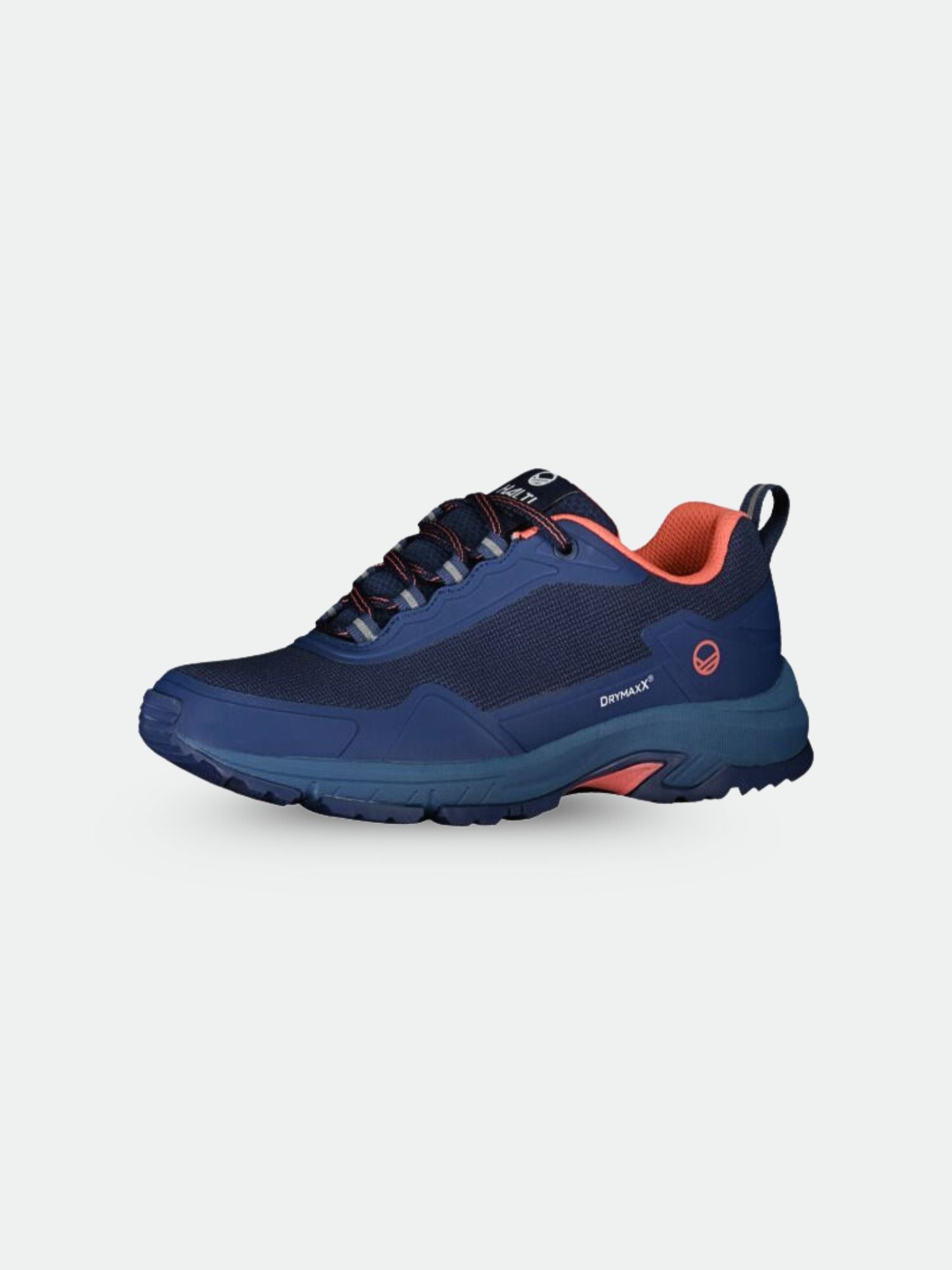 Halti Fara 2 DX Low Outdoorskor Dam är marinblå med rödorangefärgade detaljer, svarta snören och en strukturerad sula.
