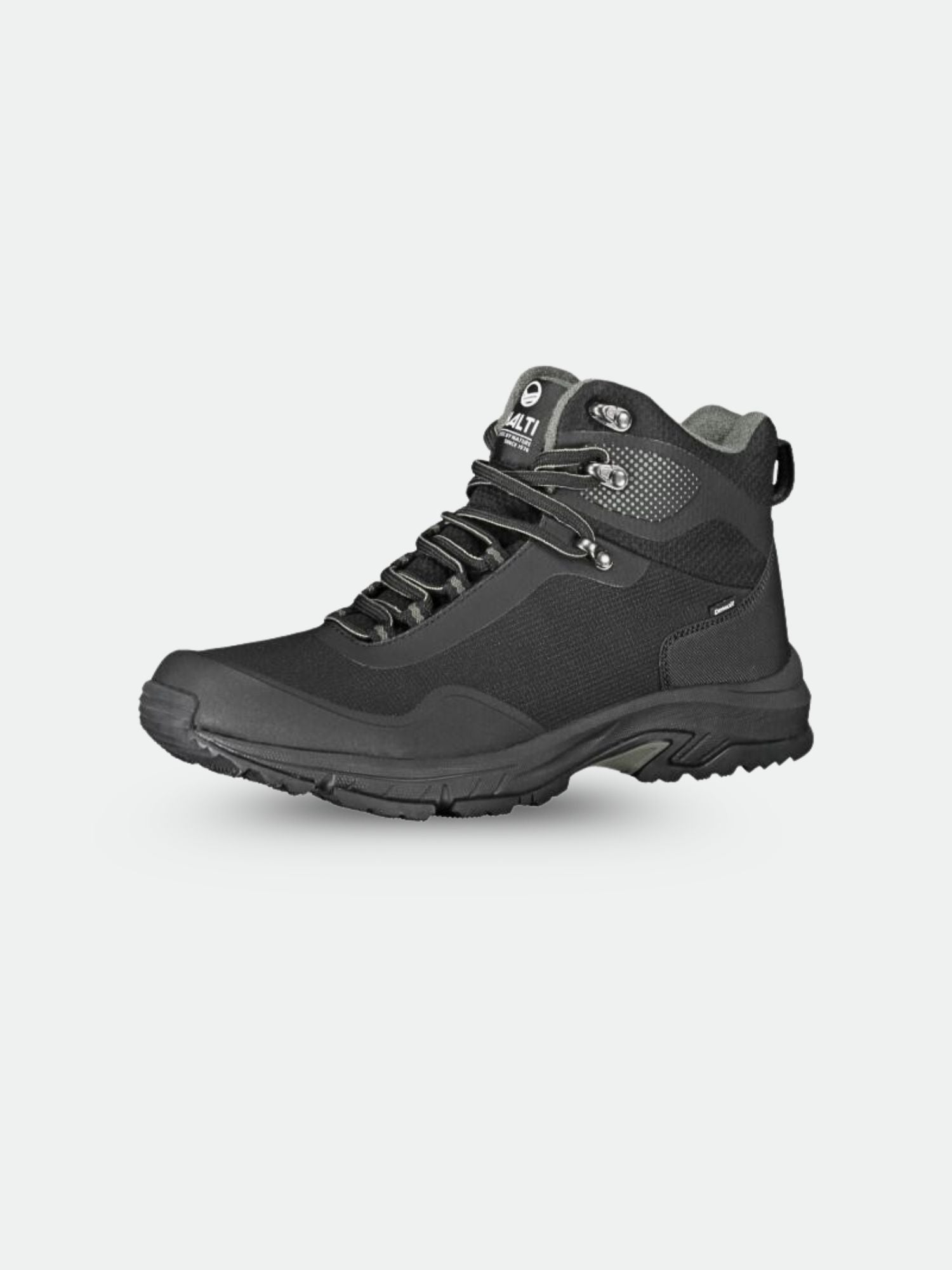 Halti Fara2 DX Mid Outdoorskor Dam är en svart och grå vattentät vandringssko med snörning, mesh och GripmaxX Antislip-sula.