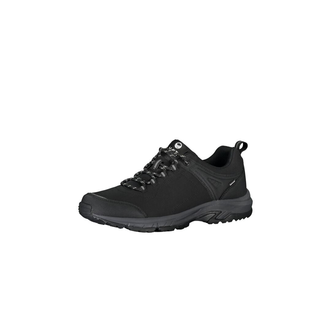 Halti Outdoorskor Low DrymaxX Dam, en svart låg sko med GripmaxX Antislip-sula och DrymaxX®-membran, på vit bakgrund.