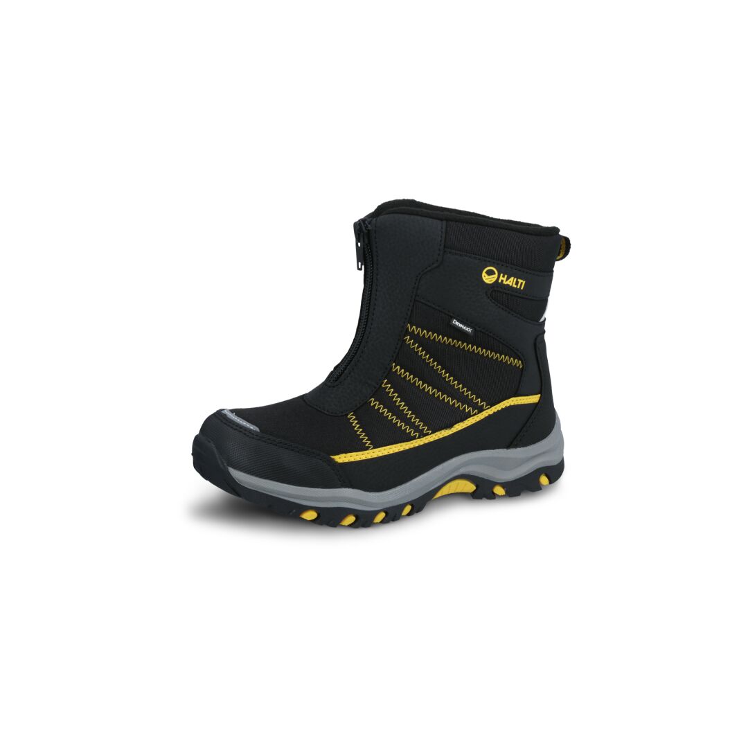 Halti Saga Zip Junior vattentäta vinterkängor, svart/gul, med frontzip, robust sula och stötdämpande Phylon-mellansula.