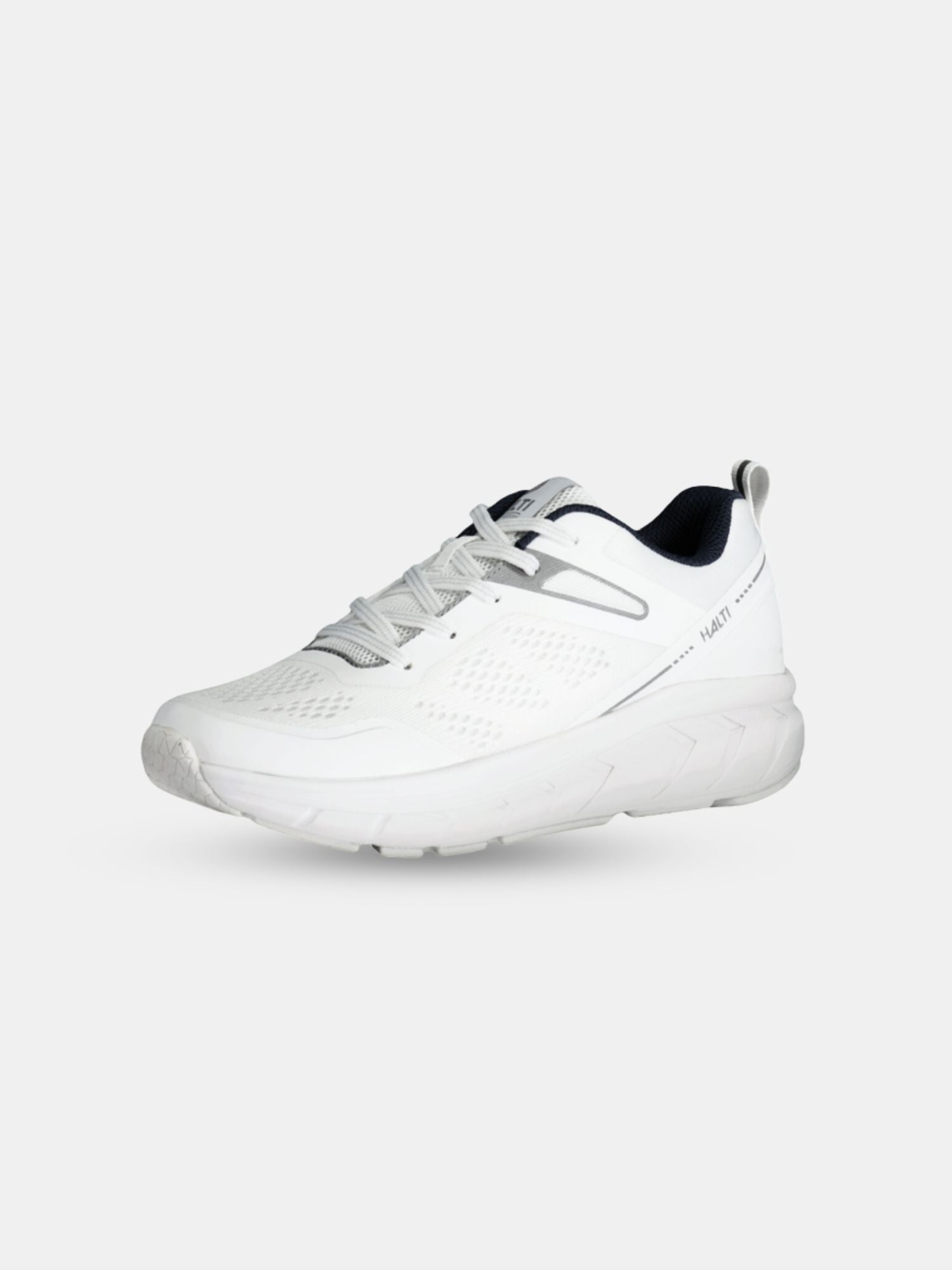 Halti Tempo 2 Sneakers Herr: vit löparsko med dämpad sula och ljusgrå detaljer på ljus bakgrund.