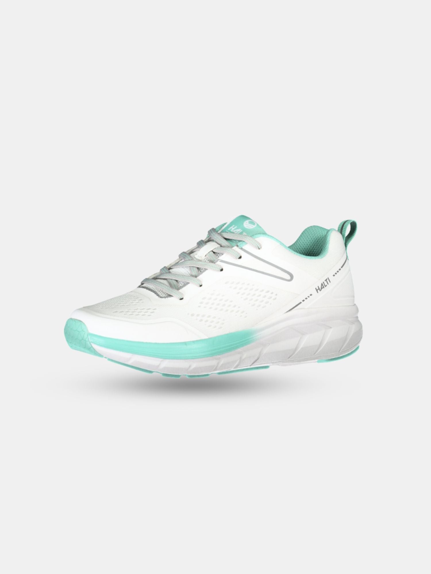 Halti Tempo 2 Sneakers Dam, lätt löparsko med teal detaljer och stötdämpande Phylon-mellansula på ljusgrå bakgrund.