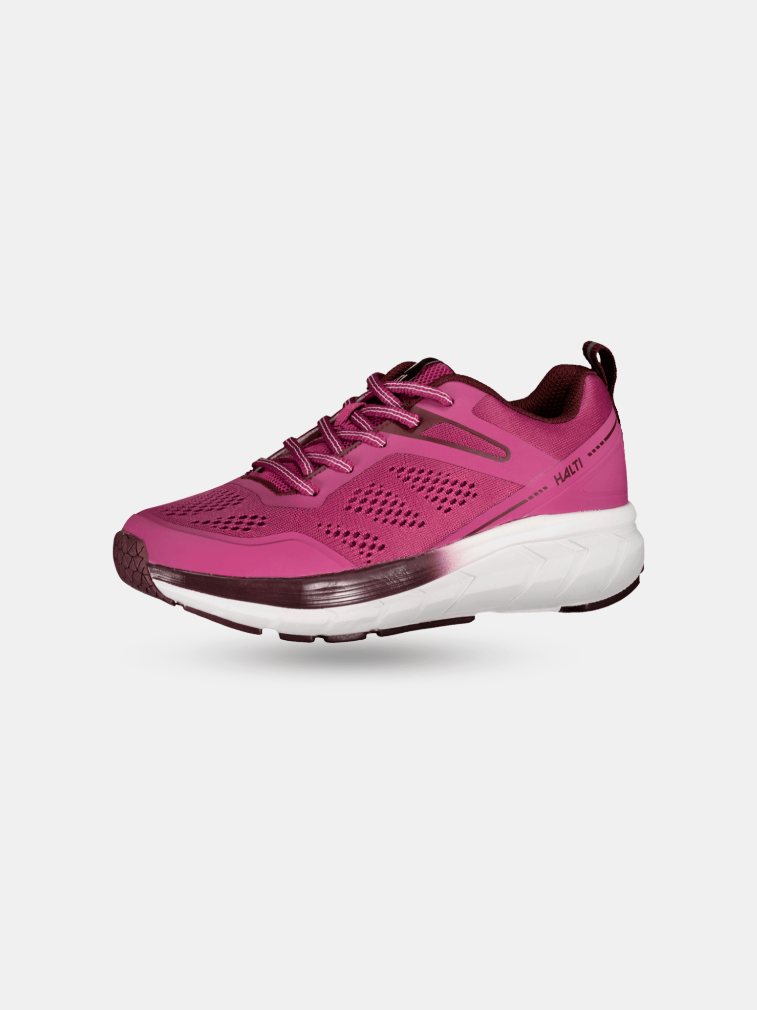 Halti Tempo 2 Sneakers Dam: rosa överdelar, rödbruna accenter, vit sula och stötdämpande Phylon-mellansula.