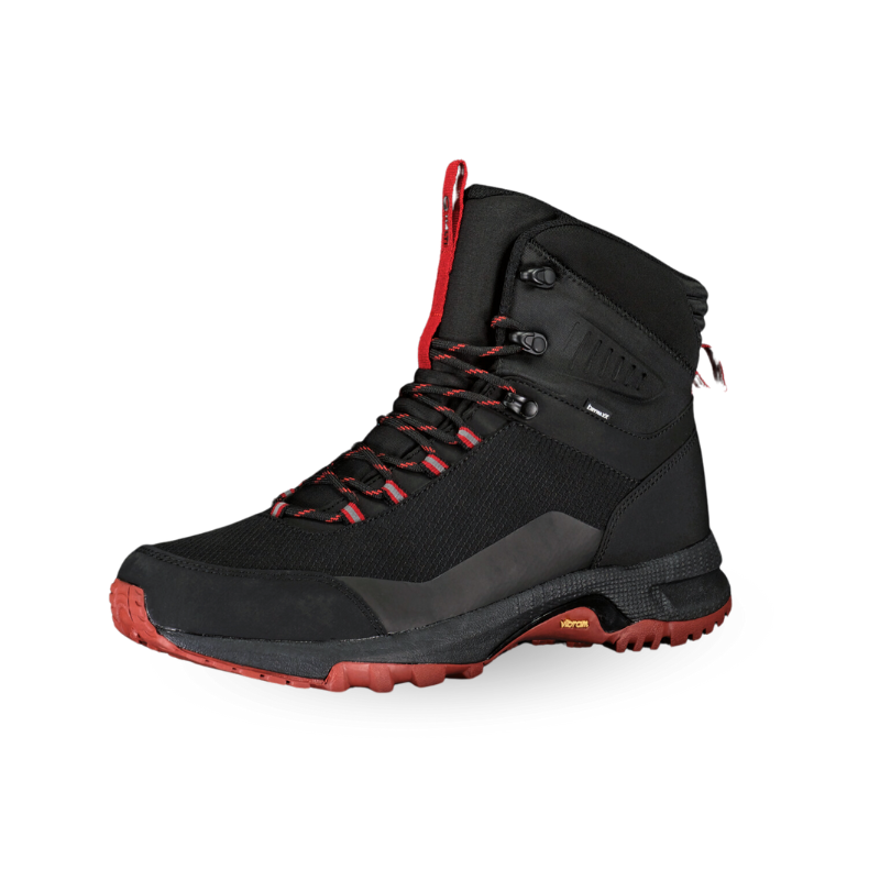 Halti Rorvik Herr Mid DrymaxX vandringskänga, svart/röd med hög ankel, röda snören och Vibram-gummisula på vitt.