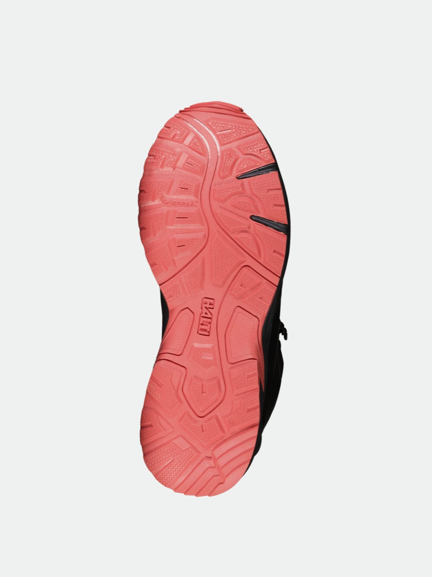 Den röda sulan på Halti Polaris Mid 2 DX outdoorskor dam visas underifrån, vilket framhäver dess slitbanemönster.