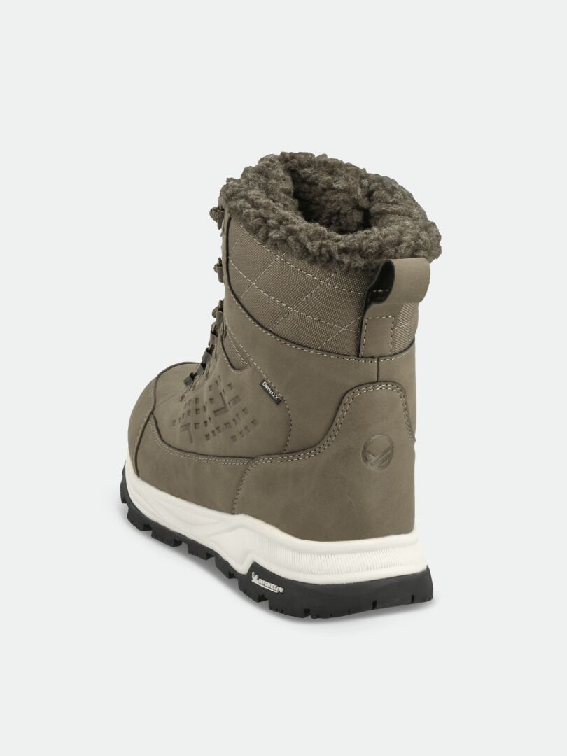 En enda Halti Fjalla DX Ice Control Vinterkänga Dam i grått med fleecefoder och Michelin Ice Grip-sula, bakifrån och från sidan.