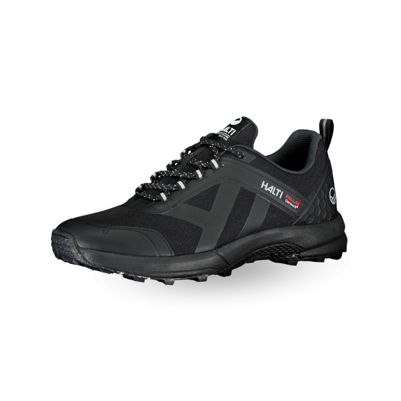 Halti Pallas Dam DrymaxX Sneaker är en svart, vattentät trailsko med grå accenter och Halti-logotypen på sidan.