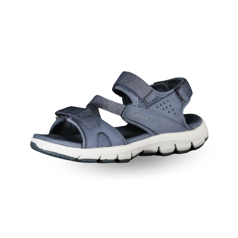 Halti Resa Dam Sandal: grå, öppen tå, kardborrejustering, vit Phylon-sula för sportig komfort.