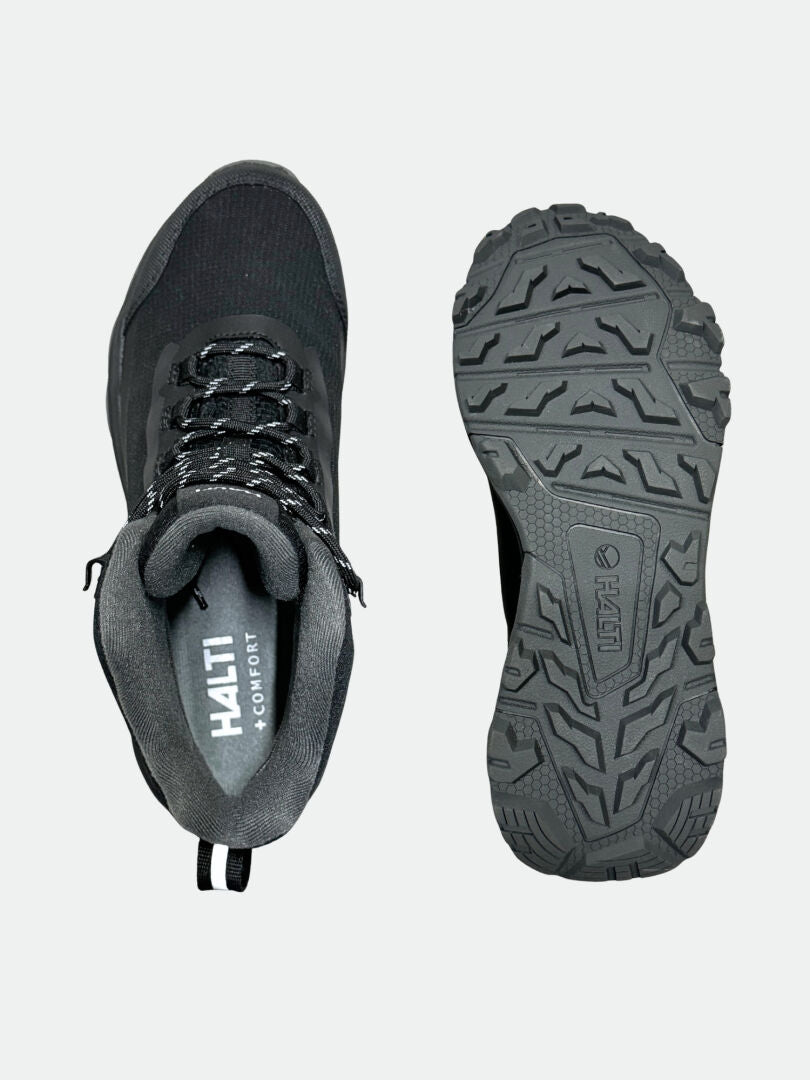 Ett par svarta Halti Fara 3 DX Mid Outdoorskor Dam, upptill och nedtill, med robust sula och HALTI COMFORT-märke.