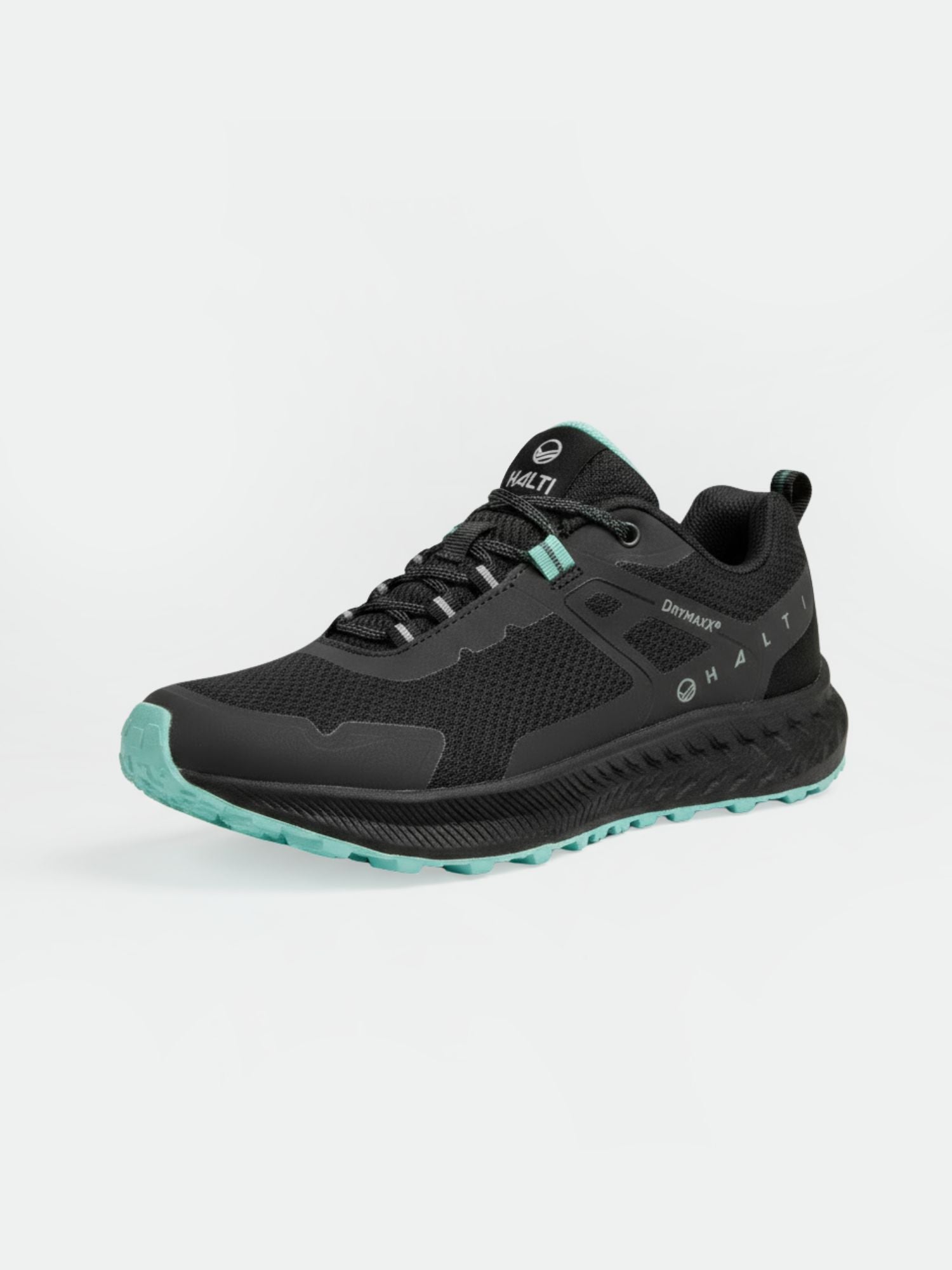 Halti Pallas Low 2 DrymaxX Hybrid Sneaker Dam i svart/teal med återvunnen mesh och strukturerad Michelin Offroad-sula.
