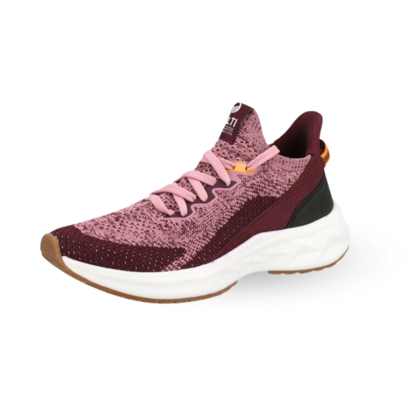 Halti Sottung Sneaker Dam i rödbrun/rosa med Boomax-mellansula, rosa snören och stickad ovandel i återvunnen polyester.