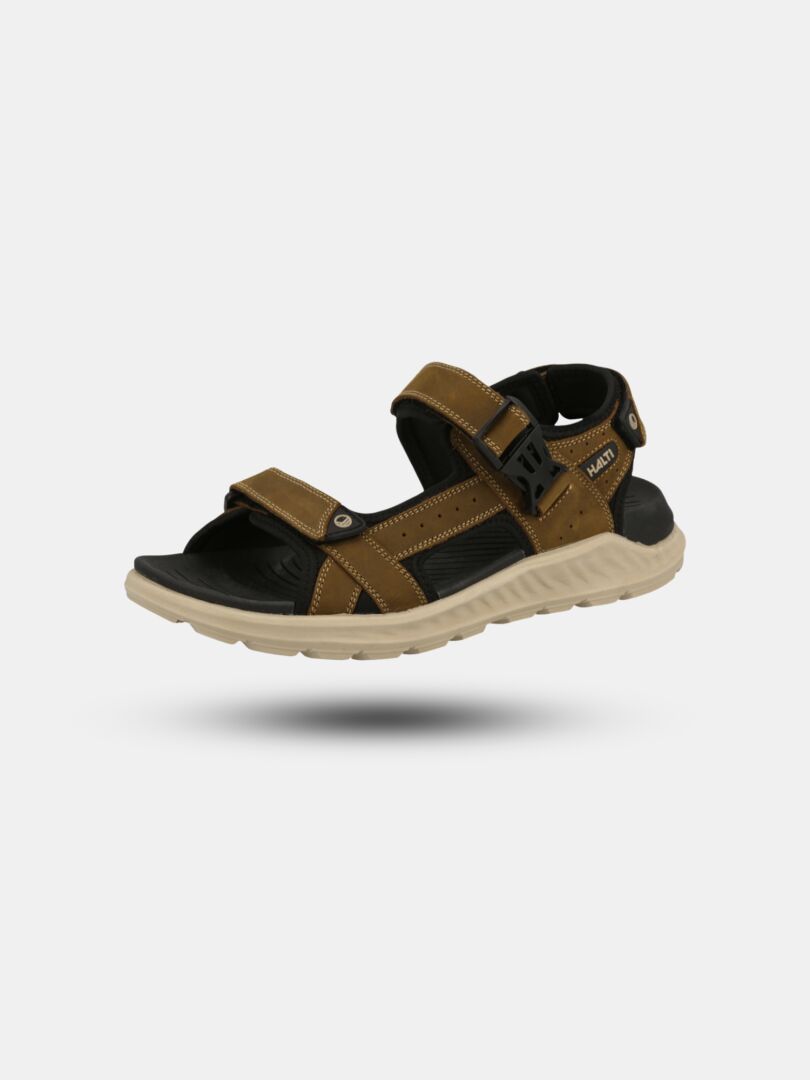 Halti Sora-sandalen är brun/svart med justerbara remmar, Phylon-mellansula och en texturerad beige sula.