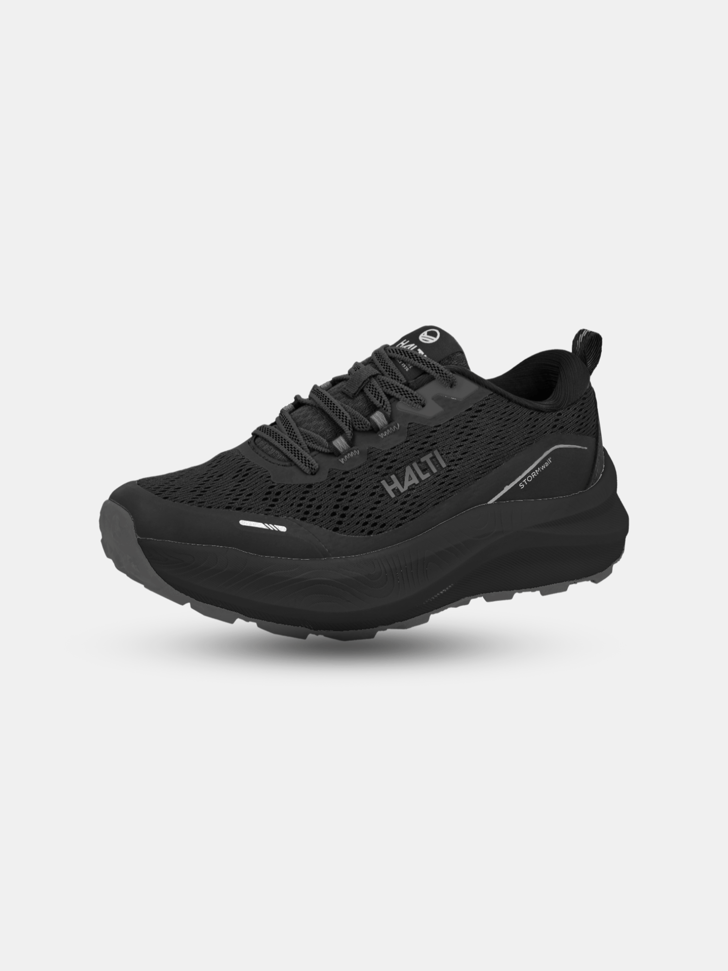 Halti Rapid Sneaker Herr: Svart, vattenavvisande mesh-ovandel, snörning, tjock texturerad sula på vit bakgrund.