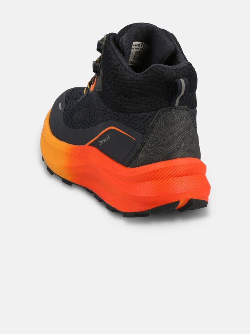 Halti Rapid DX Mid herrskor i svart/orange, avbildade bakifrån mot vit bakgrund.