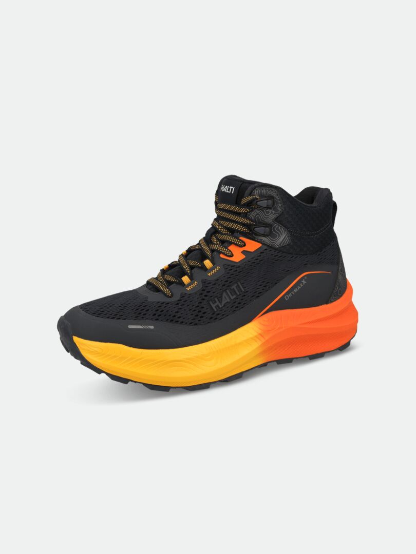 Halti Rapid DX Mid Outdoorskor Herr-svart med orangegula detaljer, tjock sula, mönstrad snörning för utomhusbruk.