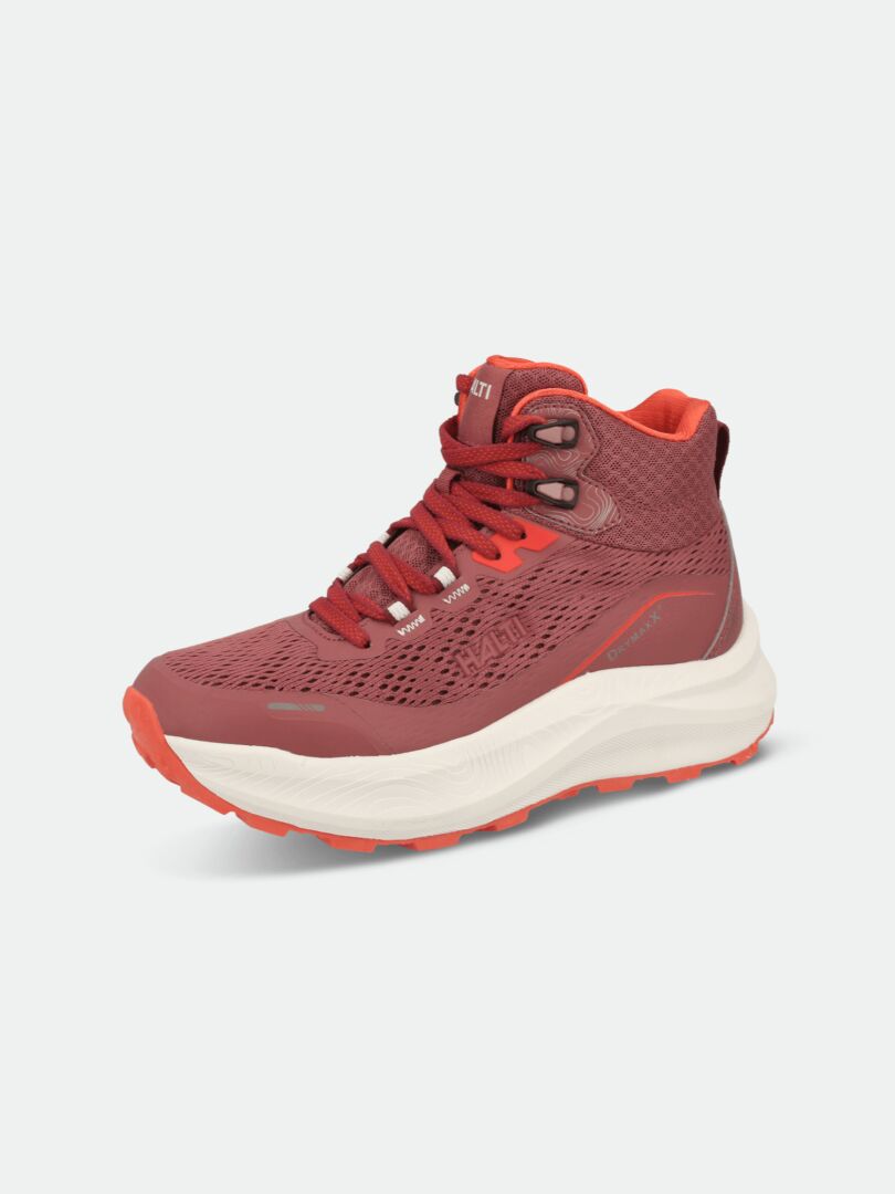Halti Rapid DX Mid Outdoorskor Dam: högklackade skor i röd/orange mesh med tjock vit sula, perfekta för friluftsäventyr.