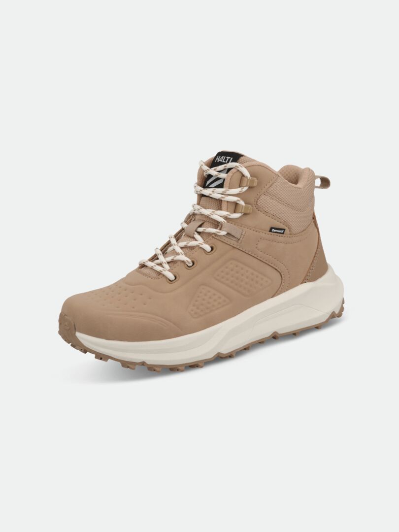 Halti Morgam DX Mid outdoorskor dam i beige, vita snören, robust sula, svart logotagg på en enfärgad bakgrund.