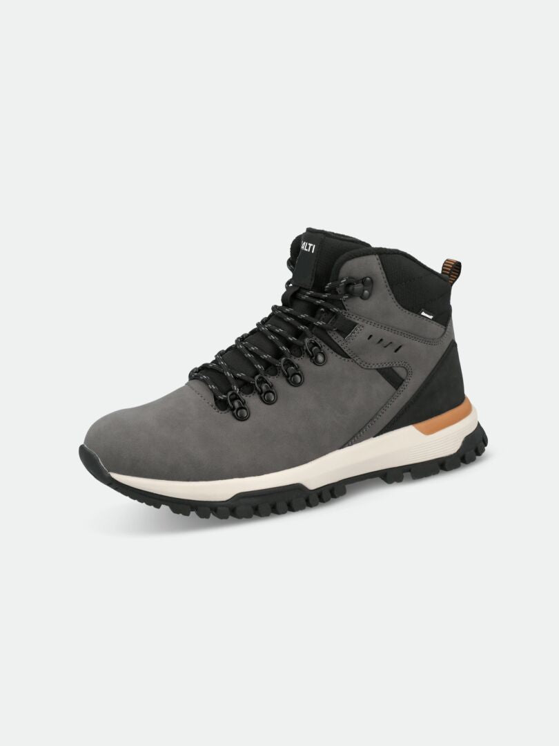 Halti Korpi DX Outdoorskor Herr-grå/svart, robust sula, tan klack, svarta snören; perfekt för friluftsliv.