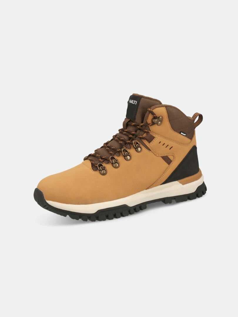 Halti Korpi DX Outdoorskor Herr har solbrun och brun ovandel, svart sula, metallöglor och bruna skosnören.