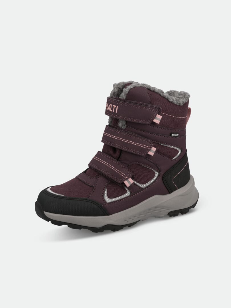Halti Reiss 3 DX Vinterskor Junior: varm, vattentät maroon/svart barnstövel med grå fuskpäls och tre kardborrar.