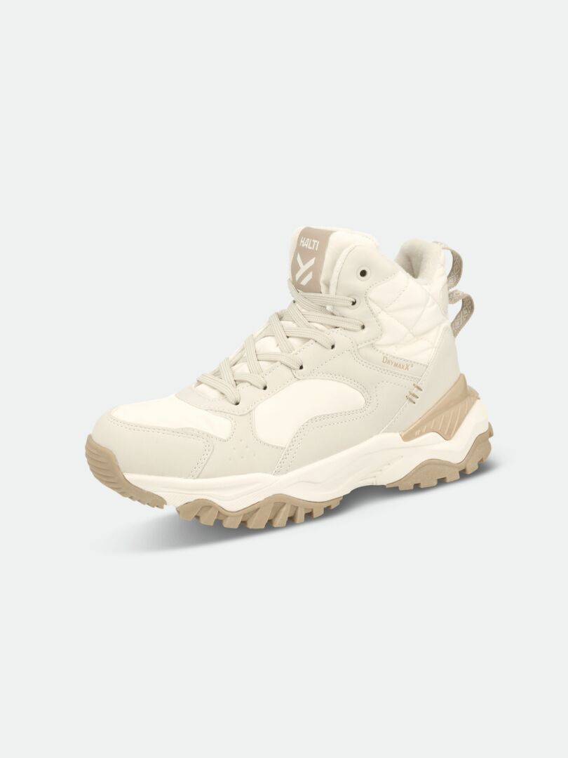 Halti Penger Dx Mid Outdoorskor Dam är en beige, vit, vattentät high-top som passar perfekt för höst och vinter.