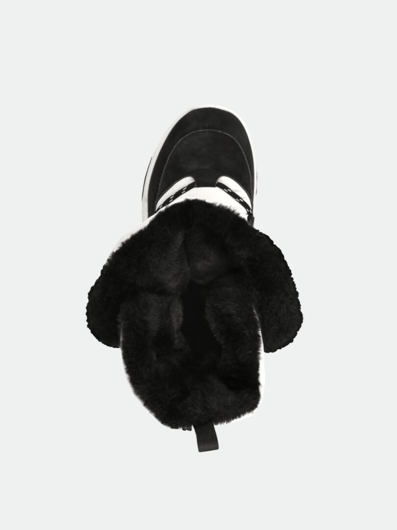 Toppvy av Halti Jeti DX Vinterkänga Dam, svartvit med svart fuskpälsfoder och dragflik på baksidan.