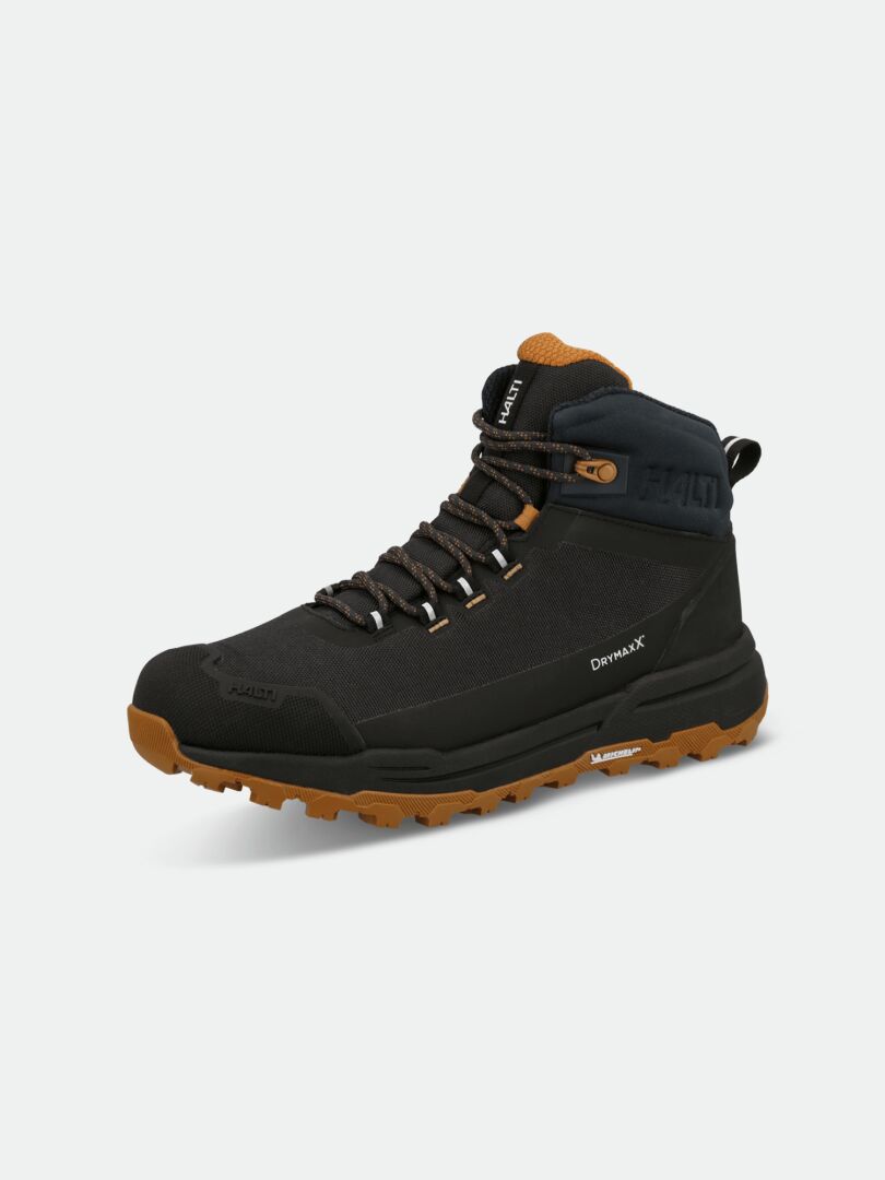 Halti Hiker Kuru 2 DX vandringssko för herr, svart/brun, hög ankel, Michelin-sula och snörning på ljus bakgrund.