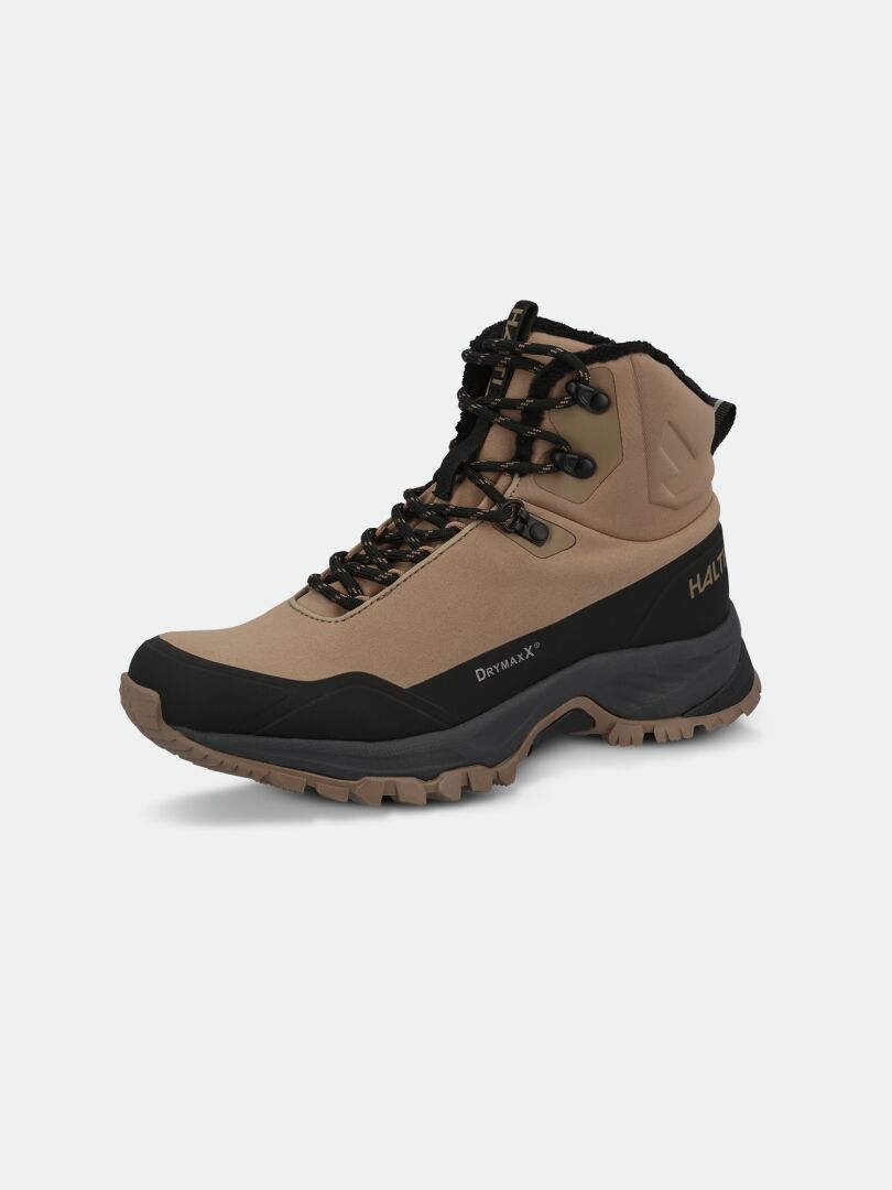 Halti Nuuksio Mid 2 DX Outdoorskor Dam är en brunsvart vandringskänga med robust sula, svarta snören och stöd för vristen.