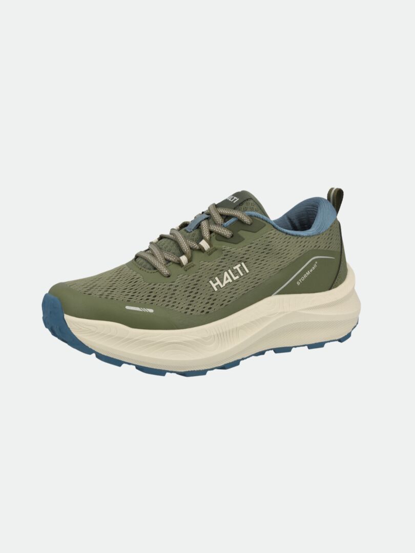 Halti Rapid 2 Sneaker Herr: olivgrön, vattenavvisande, vit sula, blå slitbana, grå skosnören, märke HALTI.