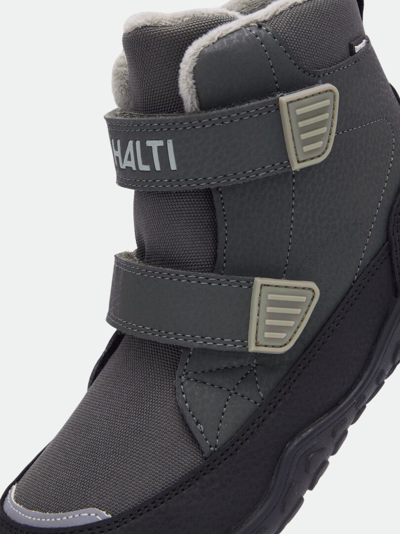 Närbild på Jalava DX Barfotaskor Junior i grått med kardborreband, perfekta för utomhuslek, från Halti.