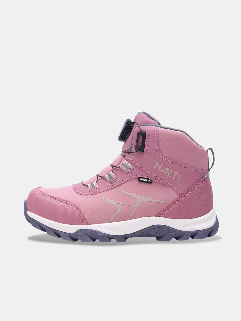 Dusty pink Halti Tribe Dada DX Outdoor Skor Junior – vattentät högskor med snörningssystem med vridreglage och grå mönstrad sula.