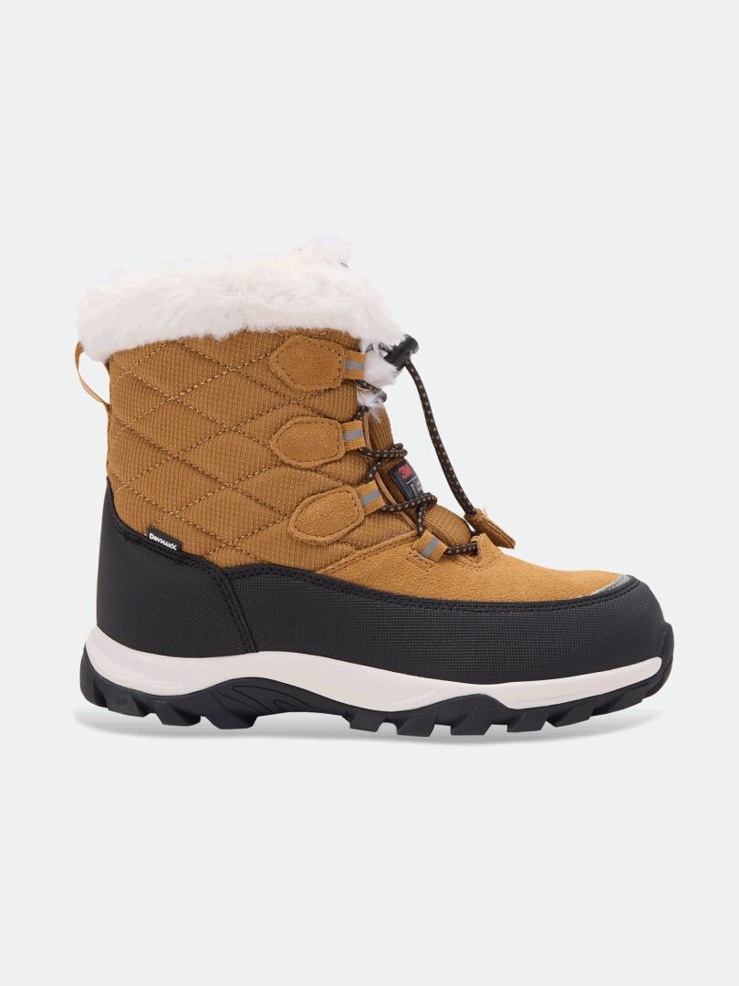 Halti Tornio DX Vinterskor Junior: beige quiltad känga, Thinsulate, vit krage i fuskpäls, svart sula; sidovy.