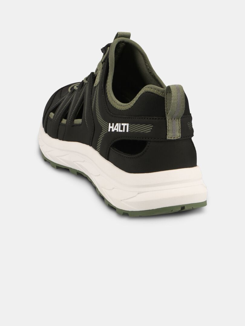 Halti Seili Hybrid Sandal Herr i svart/oliv med vit sula ger komfort vid promenader.