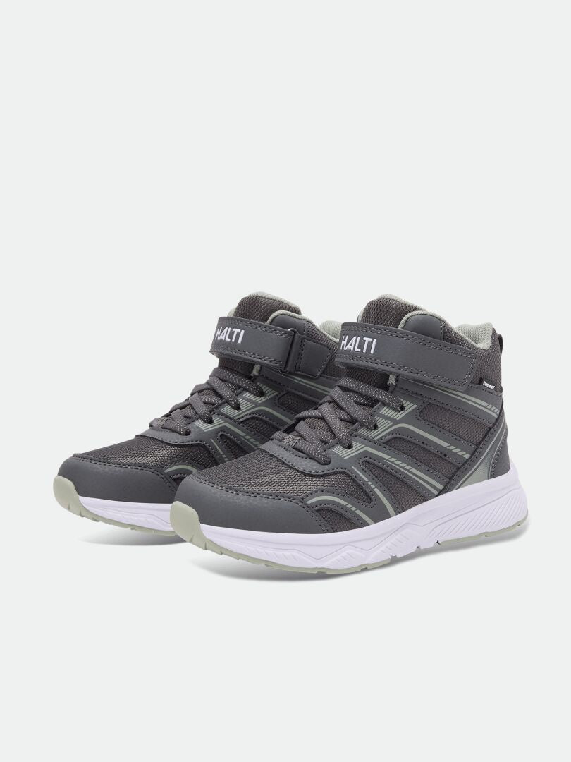 Halti Zuma Mid DX Sneaker Junior: grå-vit, kardborreband, lätta sneakers för barn – perfekta för barnens dagliga äventyr.