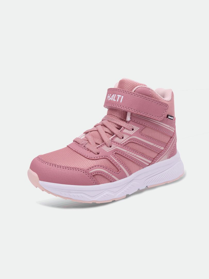 Halti Zuma Mid DX Sneaker Junior: rosa högskod för barn med kardborreband, vit sula och Halti-logotyper på tungan och sidan.