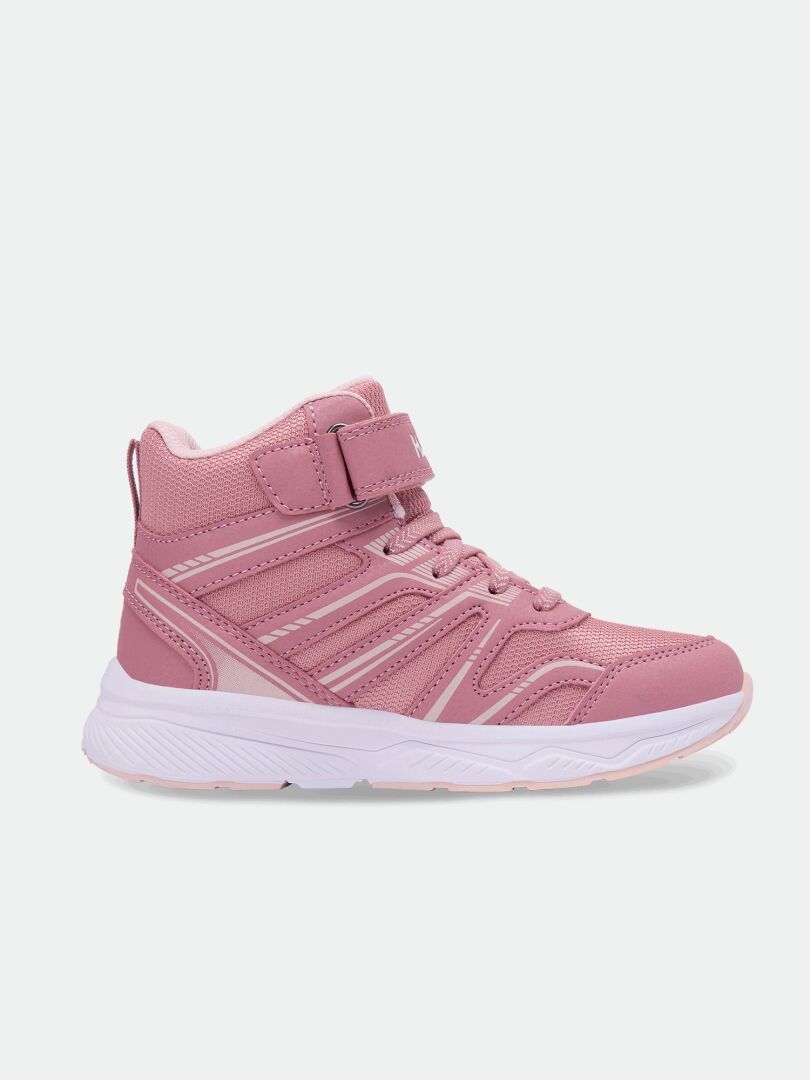 Halti Zuma Mid DX Sneaker Junior i rosa/vitt, sidovy med kardborreband och vit sula mot enfärgad bakgrund.