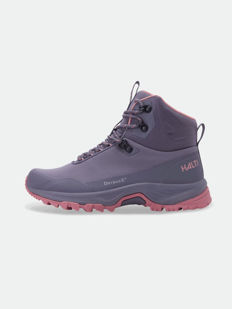 Lila/rosa Fara 4 DX Mid friluftsskor för dam från Halti: skosnören, ankelstöd, DRYMAXX-logotyp.