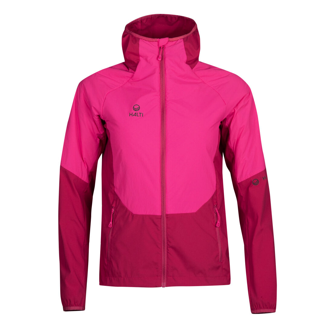 Halti Crust Mellanlagerjacka Dam: tvåfärgad rosa, X-stretchmaterial, dragkedja fram/fickor, logo på bröstet.