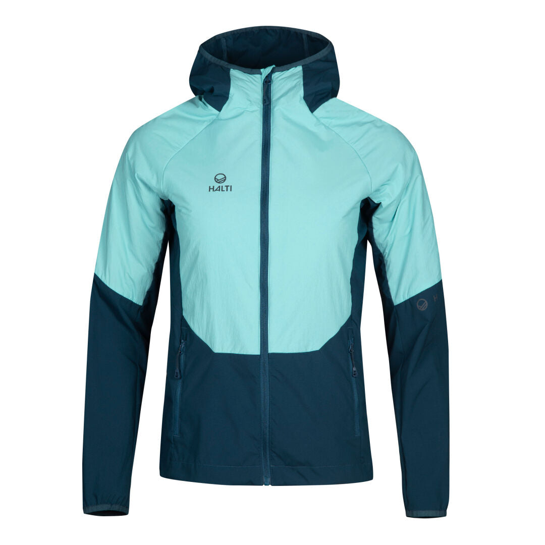 Halti Crust Mellanlagerjacka Dam: tvåfärgad teal/ljusblå, X-stretch, dragkedja, sidofickor, Halti-logotyp på bröstet.