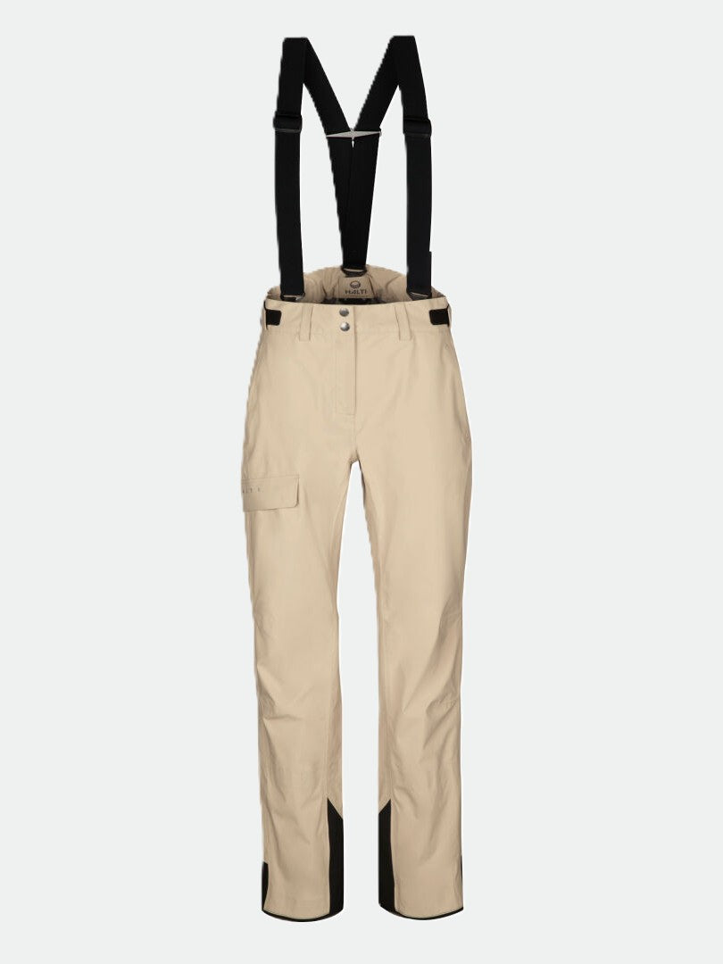 Halti Settler 3L DrymaxX skidbyxor dam i beige med svarta hängslen, knappstängning, cargoficka och förstärkta muddar.
