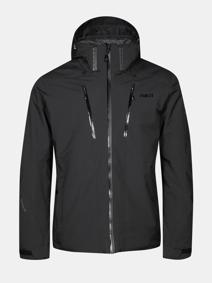 Black Halti Vertica DX Skidjacka Herr – en jacka med huva, PrimaLoft Silver, vattenavvisande dragkedjor och justerbara ärmslut.