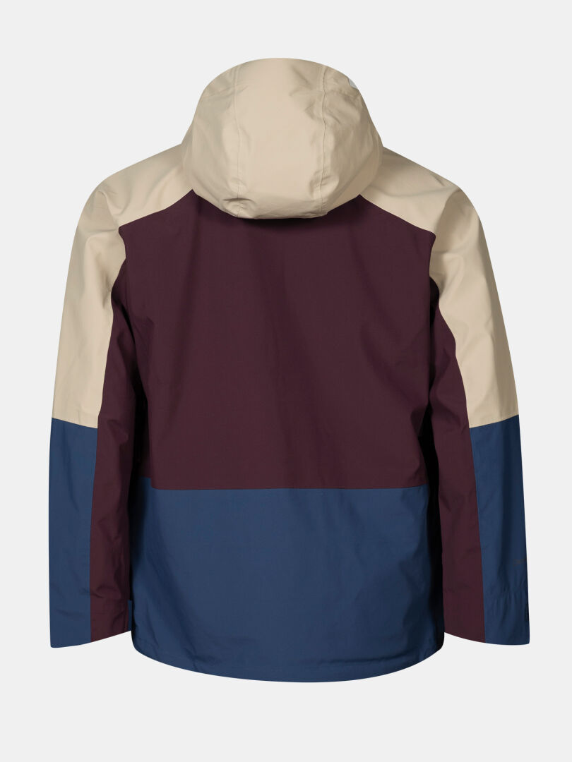 Halti Settler 3L DX Skidjacka Herr, vattentät med beige huva, vinröd överdel och blå nederdel, bakifrån.