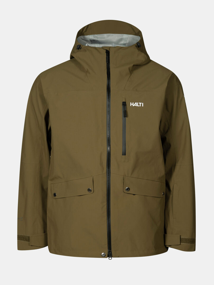 Halti Settler 3L DX Skidjacka Herr i olivgrönt med DrymaxX Nano, dragkedja fram, fickor med lock och logotyp på bröstet.