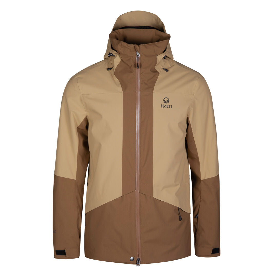 Halti Planker DX Skidjacka Herr: tvåfärgad beige/brun, huva, dragkedja fram, logo, tillverkad av återvunnet material.