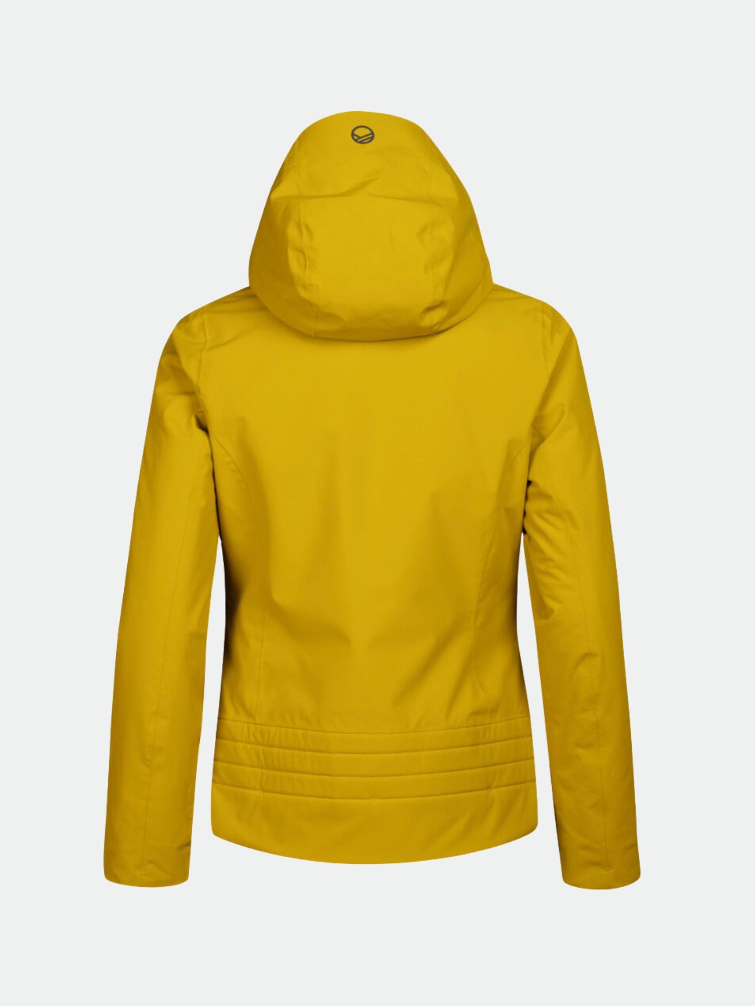 Den gula Halti Radius DrymaxX skidjacka dam i återvunnen polyester syns bakifrån mot vit bakgrund.
