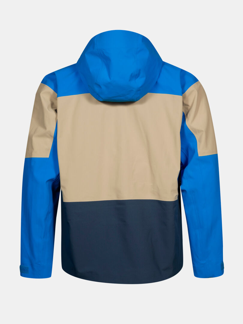 Baksidan av Rizle Unisex 3L DX Skidjacka i färgerna blå, beige och mörk marinblå.