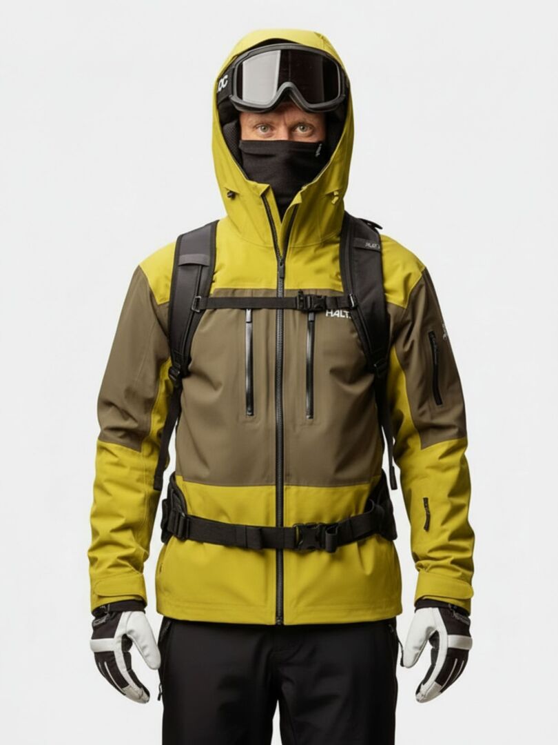 En person som bär en gul och olivgrön Halti Rizle Unisex 3L DX Skidjacka, en ryggsäck, skidglasögon och en ansiktsmask.